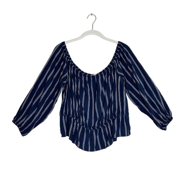American Eagle 3/4 Sleeve Stripe Off Shoulder Top in Blue/White - Sz L - Picture 1 of 5